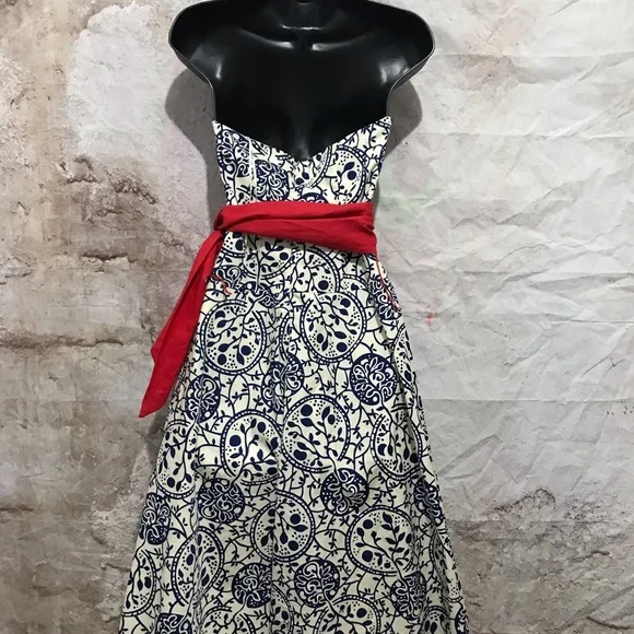 ANTHROPOLOGIE by Tabitha Strapless Paisley Floral Blue White Red Sash Linen~2 - Picture 6 of 6